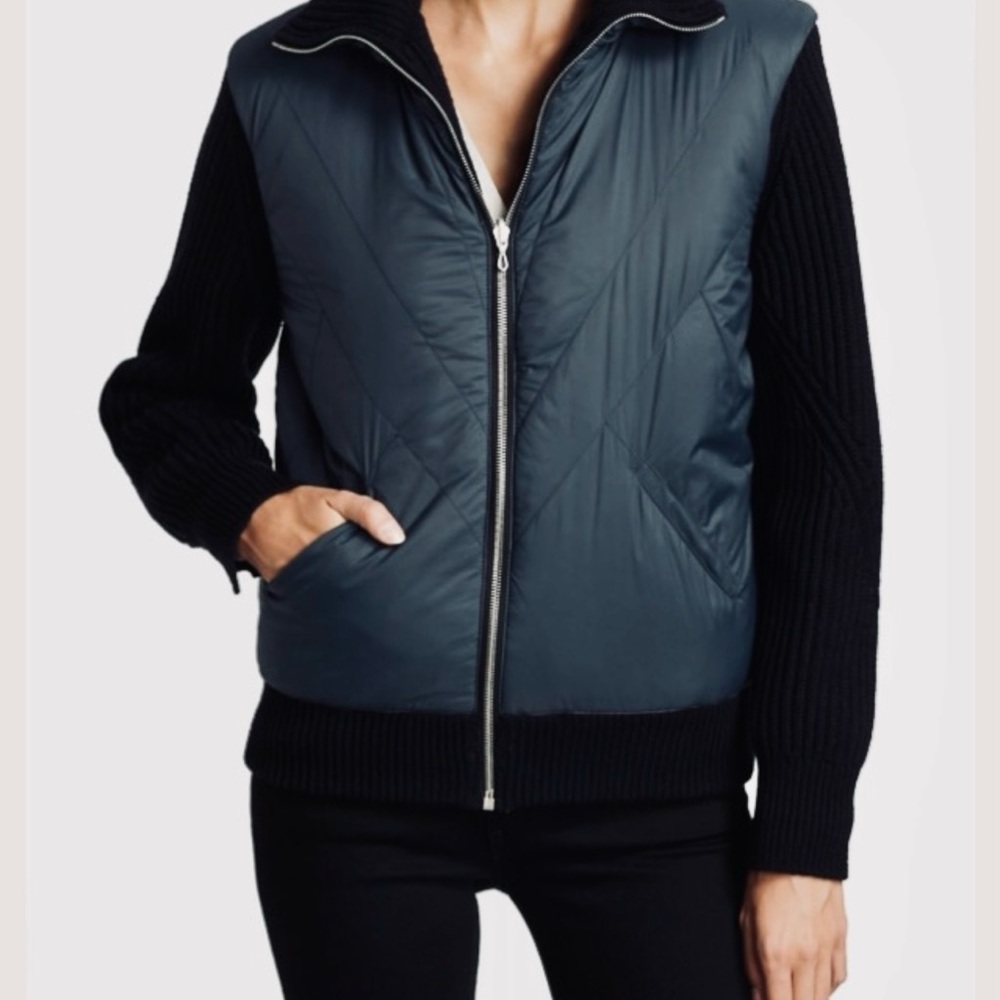 Rag & Bone Black ribbed knit, navy nylon vest all one piece zip reservable jkt.